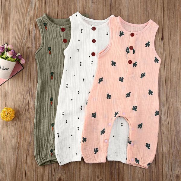 

cute newborn baby girl boy print tank romper sleeveless jumpsuits baby cotton linen clothing summer casual baby romper 0-24m, White