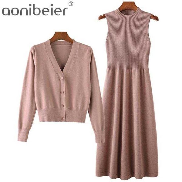 

two piece sets for women autumn winter sweater suits long sleeve dress office ladies cardigan 210604, White
