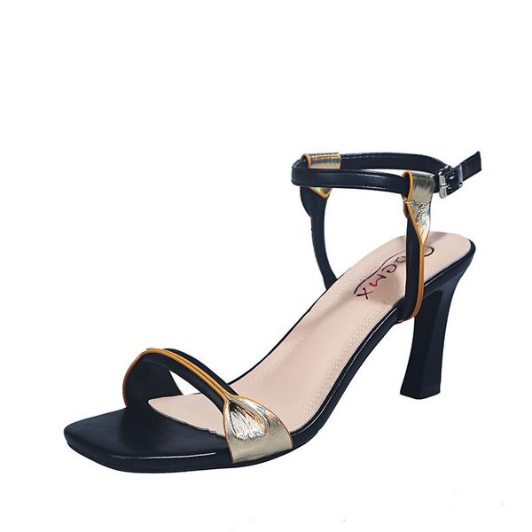 

sandals turned-over open toe sandalias mujer colors block narrow band women trendy buckle strap high heels stilettos zapatos2021, Black