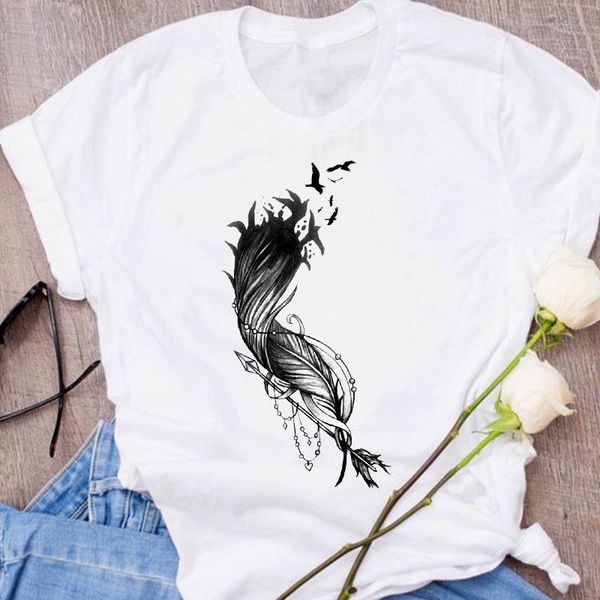 

women graphic feather bird vintage fashion cute short sleeve 90s print clothes lady tees female t shirt womens t-shirt, White