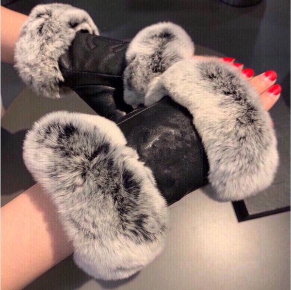 

2020 women high-quality winter leather gloves and wool touch screen rabbit fur cold - resistant warm sheepskin fingers, Blue;gray
