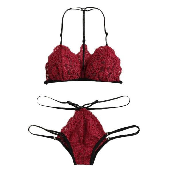 

3Pieces/Lot Sexy Floral Lace Embroidery Lingerie Solid Bra Cross Bandage G-string Thong Set Babydoll Sleepwear Soft Underwear lenceria sexy, Red
