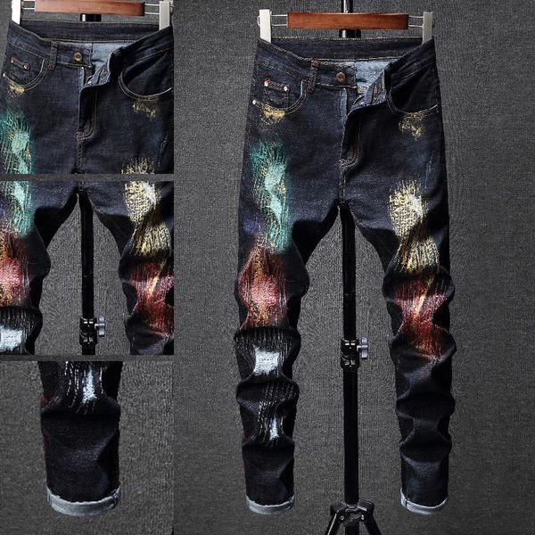 

men youth style slim hand-painted torn stretch jeans autumn and winter new men jeans black, Blue