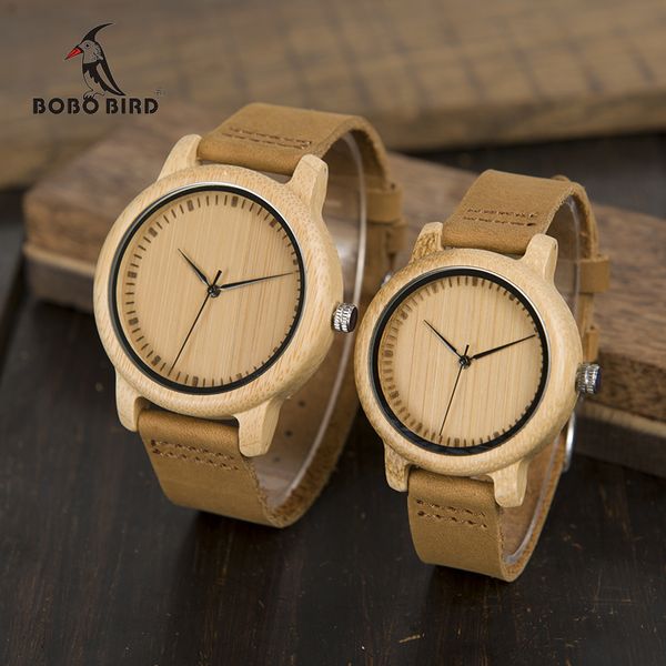 BOBO BIRD Lovers' Relojes Mujer Relogio Feminino Bambú Madera Hombres Reloj Banda de cuero Hecho a mano Cuarzo Reloj de pulsera erkek kol saati 210310