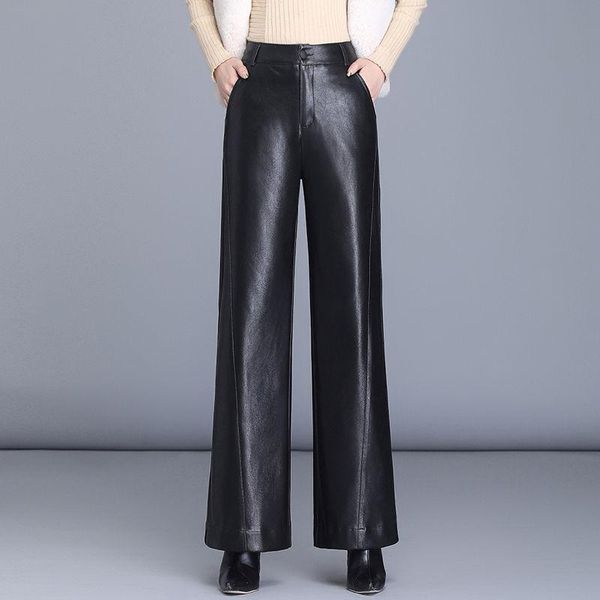 

2021 autumn black faux leather women's pants elastic high waist female pu straight pants streetwear chic trousers plus size z19, Black;white