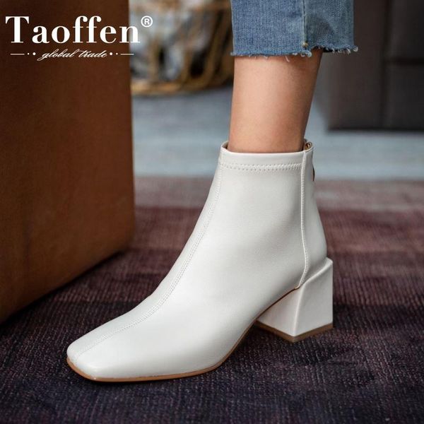

boots taoffen women genuine leather ankle square toe shoes thick heel back zipper footwear size 33-42, Black