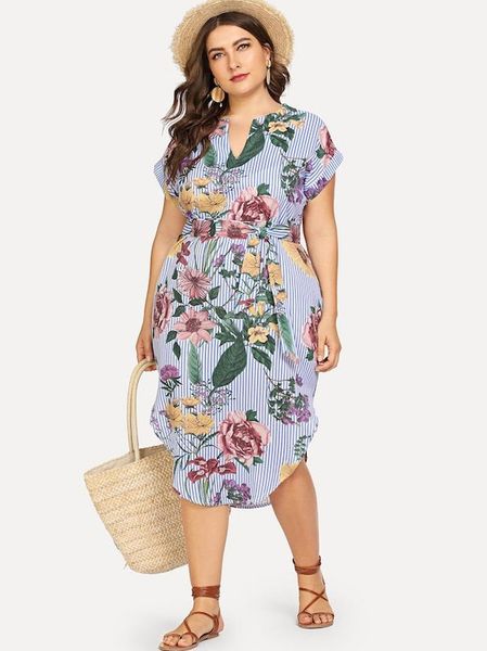 

plus size dresses ladies clothing summer women's dress european and american style large striped print thin v-neck fashion skirt we108, Black
