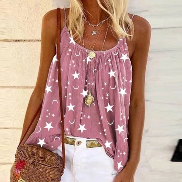 

2021 summer o-neck sleeveless blouse shirt women star moon print loose lady off shoulder plus size blusa, White