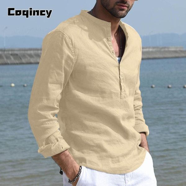 

men's casual shirts coqincy camisas summer solid linen men baggy fitness long sleeve button retro modis beach blouse, White;black