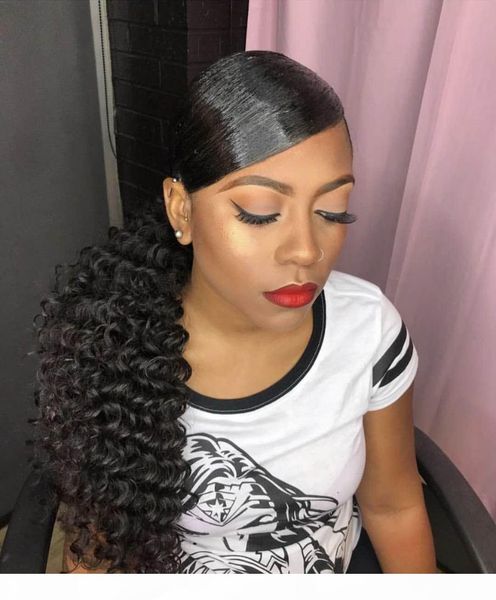 

fashion curly ponytail hairstyle deep wave drawstring ponytail hairpiece 100g-160g clip in brazilian hair ponytail extension 1b natural blac, Black