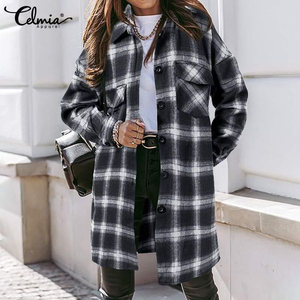 

celmia 2021 autumn plaid cardigans fashion womens winter vintage blouses shirts casual long sleeve lapel checked long 5xl, White