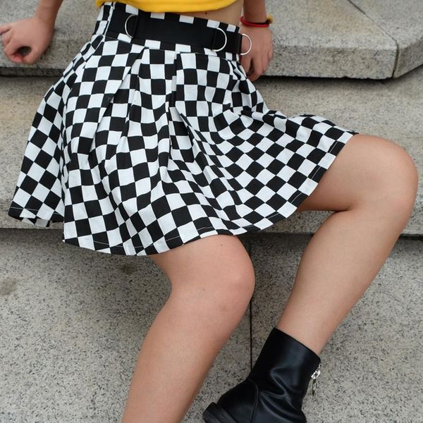 

skirts korean fashion checkerboard pleated runway womens sashes high waist zipper cotton short skirt gothic clothing with belt, Black