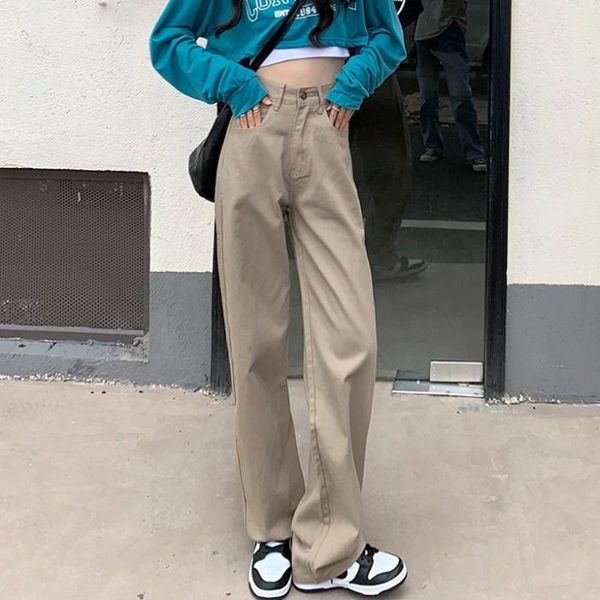 

women's pants & capris high waist jeans spring and autumn 2021 loose thin khaki straight tube wide leg floor dragging fashion, Black;white
