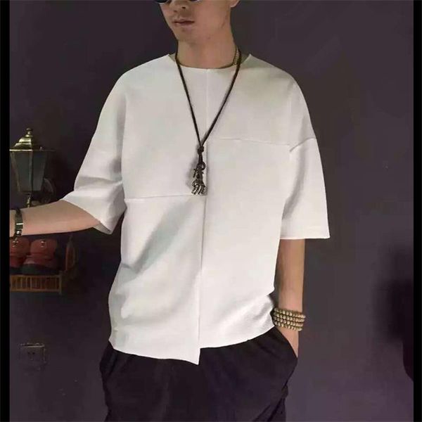 

men's t-shirts korean loose t-shirt summer fashion personalized round neck stitched five point sleeve breathable solid color half, White;black