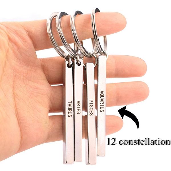 

keychains 12 constellation letter engraved keychain keyring vertical square pendant car key chain birthday gift, Silver