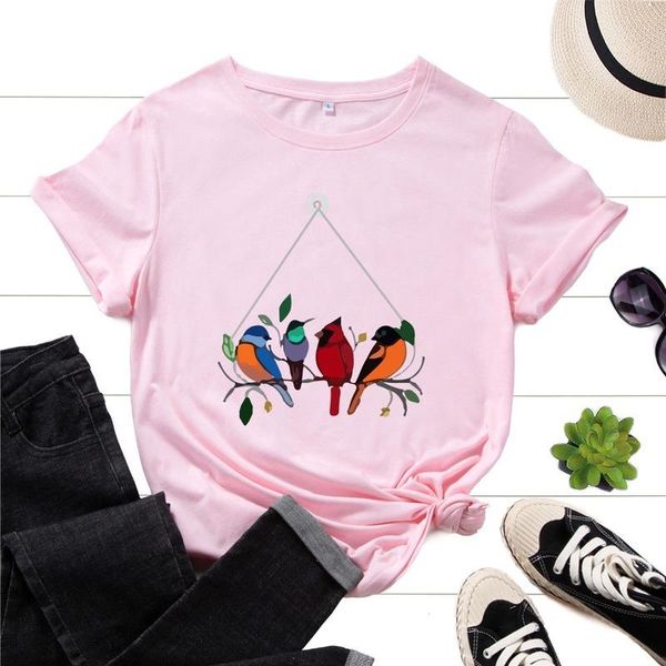

women's t-shirt summer women 100% cotton short sleeve bird print female fashion casual t shirt ladies graphic streetwear o-neck tee, White