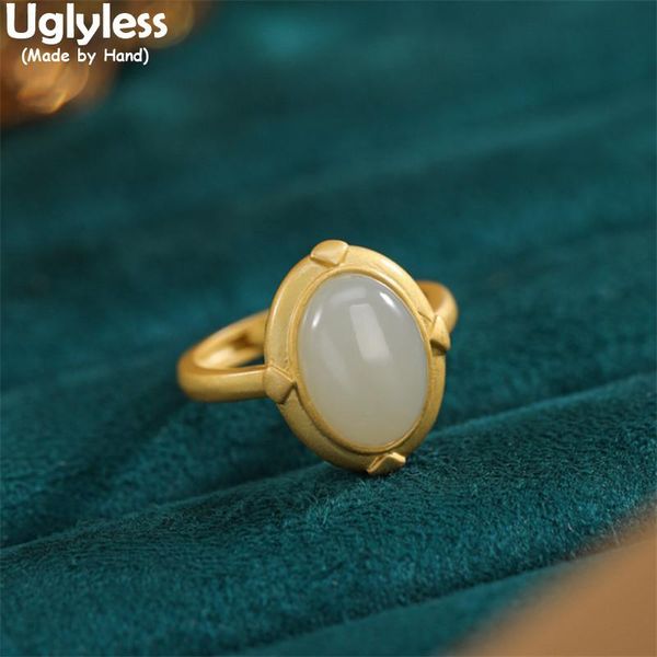 

cluster rings uglyless simple fashion blank gemstones for women an natural jade gold real 925 sterling silver bijoux, Golden;silver