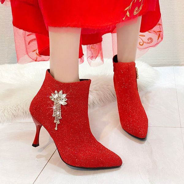 

sequin ankle boots women shoes pointed toe boots wedding bride stiletto heel short boots women femmes bottes 2020, Black