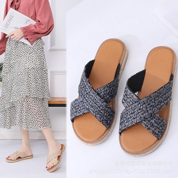 

slippers shoes ladies' slipers womenfemale beach low 2021 flat massage pu hoof heels basic rome round toe fabric, Black