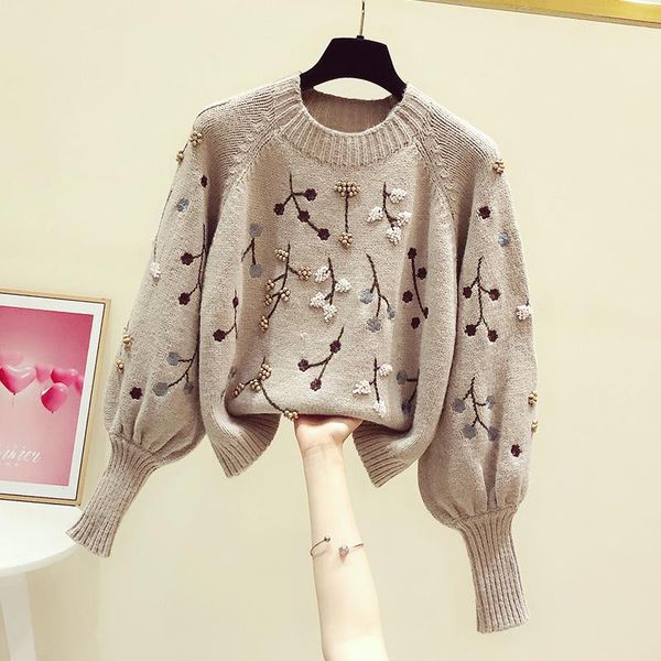 

women's sweaters 2021 autumn winter beads flower embroidered sweater lantern sleeve female vintage womens knitwear woman knitted top, White;black