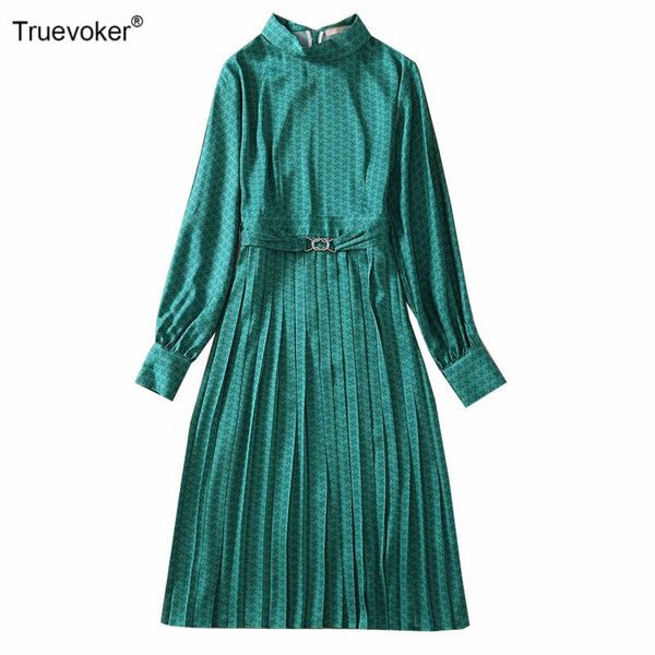 

casual dresses truevoker woman lantern sleeve green print pleated dress lady geometry midi draped female vestidos, Black;gray