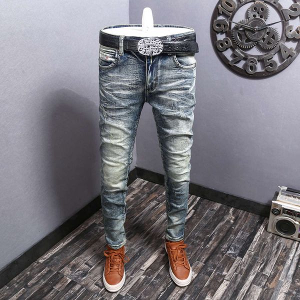 

autumn and winter jeans slim fit small foot elastic korean fashion brand personality make old long pants men's shoeswinter, Blue