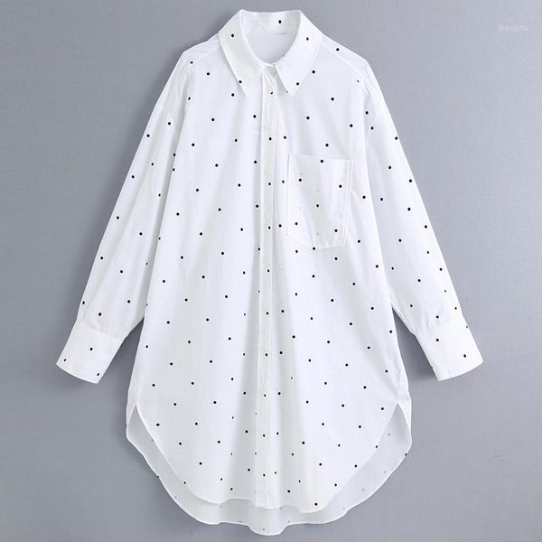 

women's blouses & shirts agong turn down collar women fashion black dot printed elegant loose pocket long female ladies gy, White
