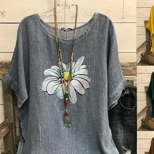 

vintage blouse women cotton and blend o neck short sleeve shirts floral print casual plus size blouse 40, White