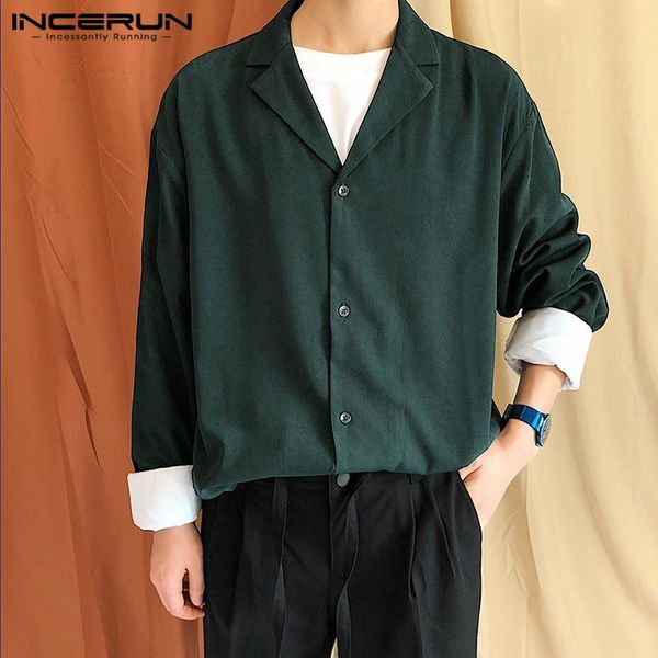 

incerun men shirt solid color loose korean style lapel long sleeve leisure button streetwear casual camisa masculina s-5xl, White;black