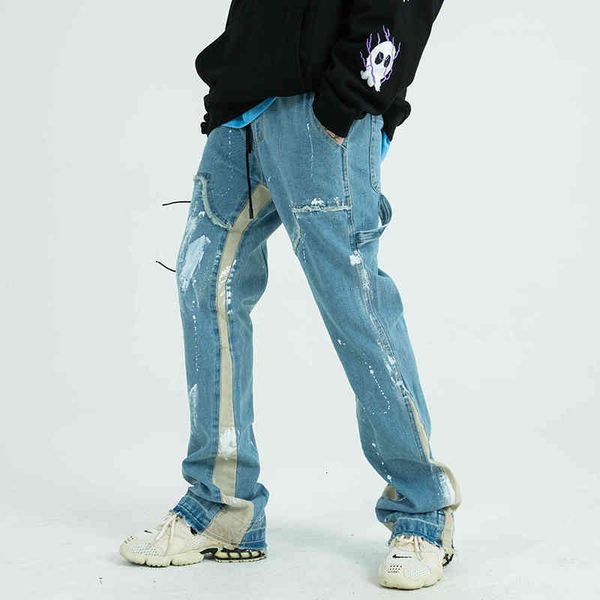 

fashion jeans color block painted streetwear drawstring men frayed side ribbon loose casual denim trousers hip hop harajuku couple pants, Blue