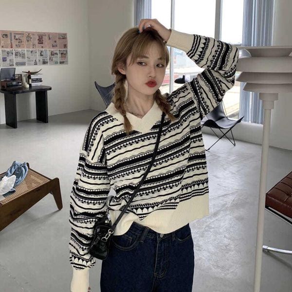 

women's sweaters patchwork pullovers women v-neck vintage chic students autumn knitwear loose long sleeve warm soft teens all-match, White;black