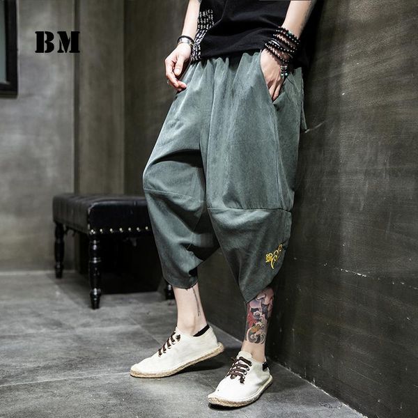 

men's pants 2021 summer plus size cropped clothing chinese style fashion casual loose harajuku embroidery harem male, Black