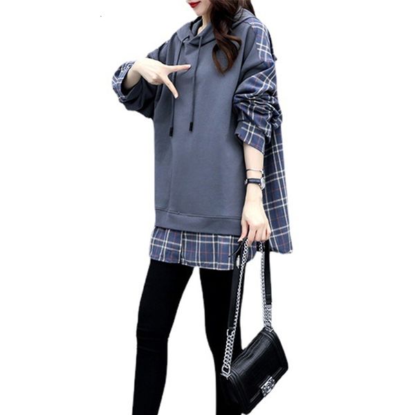 

new cotton fake two-piece sweater female hooded 2021 spring and autumn korean hoodies long sleeve casual loose women's clothing 2nr5, Black