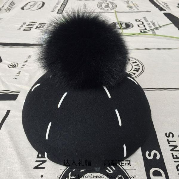 

berets wool, big raccoon hair bulb bai sheng splicing female equestrian cap hat, Blue;gray