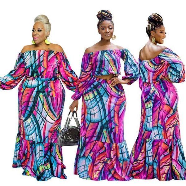 

plus size sets wholesale two piece set women skirt suits 4xl 5xl off shoulder print casual streetwear outfits drop 211023, Black