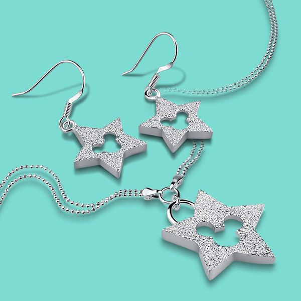 

womens 925 set fine jewelry original silver star earrings/necklace anniversary gift