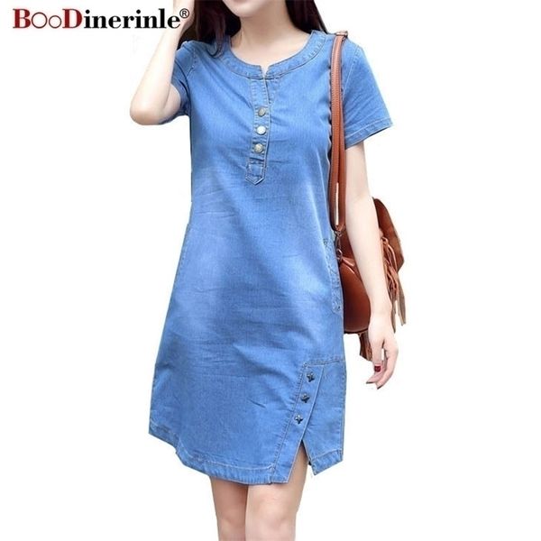 Coreano Plus Size Denim Dress para Mulheres Vestido de Verão Casual com Botão Bolso Sexy Mini Jeans Dress 3xL 4xl Boodinerinle 210630