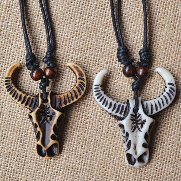 

pendant necklaces 1pcs punk style faux yak bone bull/ox head skull carved yoga pattern necklace women&men jewelry, Silver