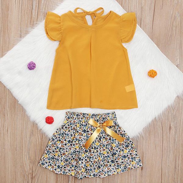 

40 summer kids baby girls clothing ruffled solid color flying sleeve t shirts bowknot short skirt two piece set, White