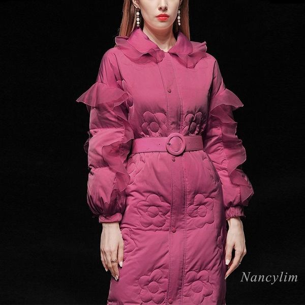 

women's jackets white duck down women winter long jacket fashion flower patchwork ruffled lantern sleeve mid-length female coat street, Black;brown