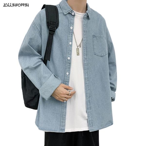 

men's casual shirts light blue men retro button down style denim shirt chest pocket 2021 solid color long sleeve, White;black