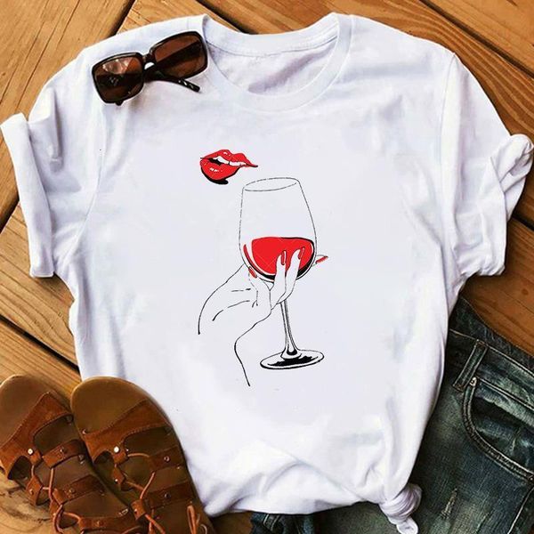 

funny wine glass printed t shirt women short sleeve round neck tees female graphic t shirt 2021 summer women tee shirt, White