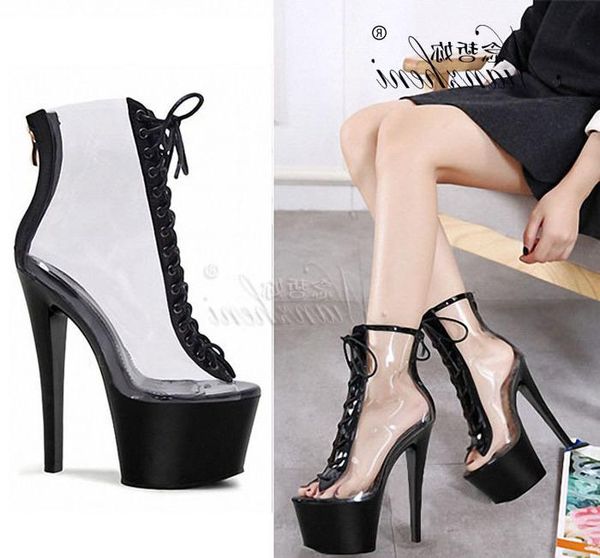 

boots mouth transparent low 20cm 17cm front lace fish women's high heels, Black