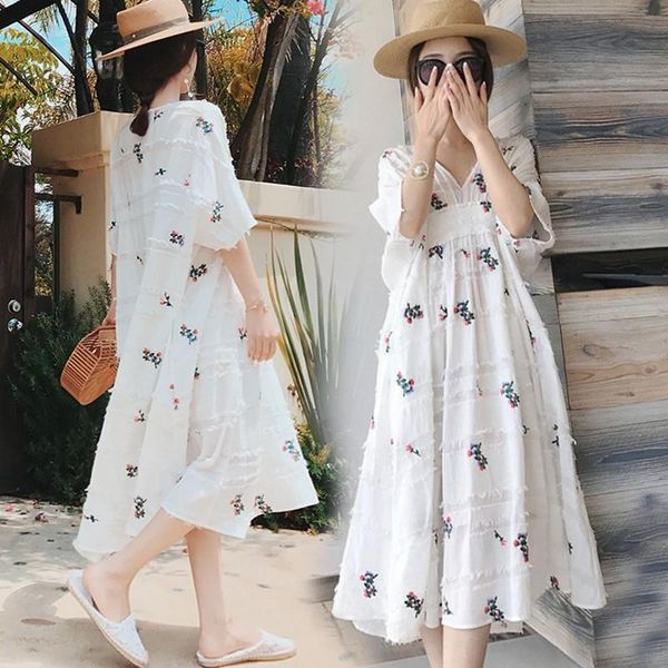 

maternity dresses 2pcs vest + long dress cotton linen summer for pregnant women clothes pregnancy floral, White