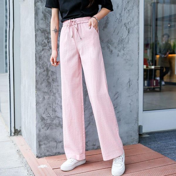 

women's pants & capris summer cotton and linen wide leg thin casual high waist straight white slim trousers, Black;white