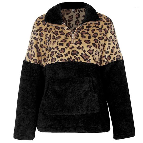 

women's wool & blends women coat winter outerwear fashion leopard black stitching coats warm zipper long sleeve casual clothing1