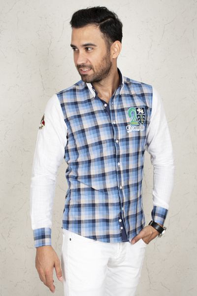 

Blue Men 's Shirt 100 Cotton Regular Fit Square Pattern Long Spring Summer Party Prom Business Ofis2005066 Uobp, White;black