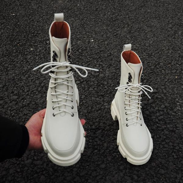 

boots 2021 spring lace-up ankle for women thick bottom round toe genuine leather black white all-match platform shoes