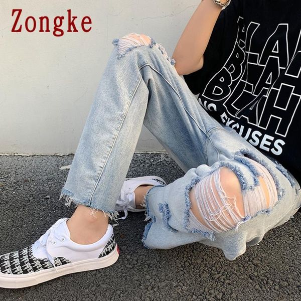 

men's jeans zongke ripped skinny men slim fit denim trousers mens large ankle-length -3xl 2021 autumn arrivals, Blue