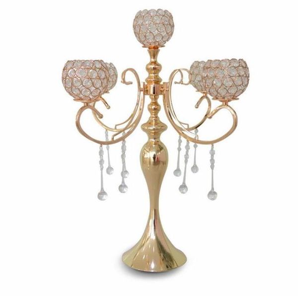 

65cm height 5-arms metal gold candelabras with pendants sumptuous wedding table candle holder home decoration wholesale